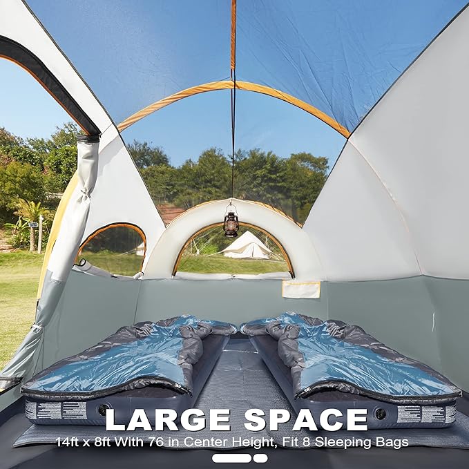 GoHimal 8 Person Tent for Camping, Waterproof Windproof Family Tent with Rainfly, Divided Curtain Design for Privacy Space, Portable with Carry Bag