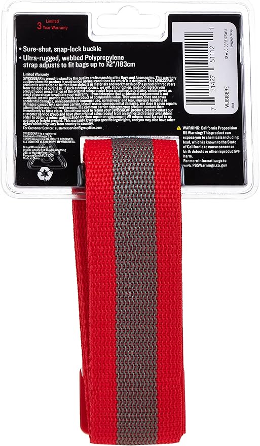SwissGear Adjustable Luggage Strap with Snap-Lock Buckle - Fits Bags up to 72-Inches, One Size, Red