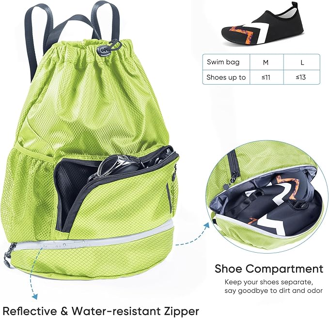 Swim Beach Sports Drawstring Backpack - Gym Bag with Shoes Compartment and Waterproof Pocket for Gym Accessories, Swim Essentials - Kids Mens Beach Workout Bag