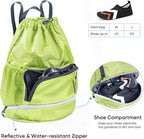Swim Beach Sports Drawstring Backpack - Gym Bag with Shoes Compartment and Waterproof Pocket for Gym Accessories, Swim Essentials - Kids Mens Beach Workout Bag
