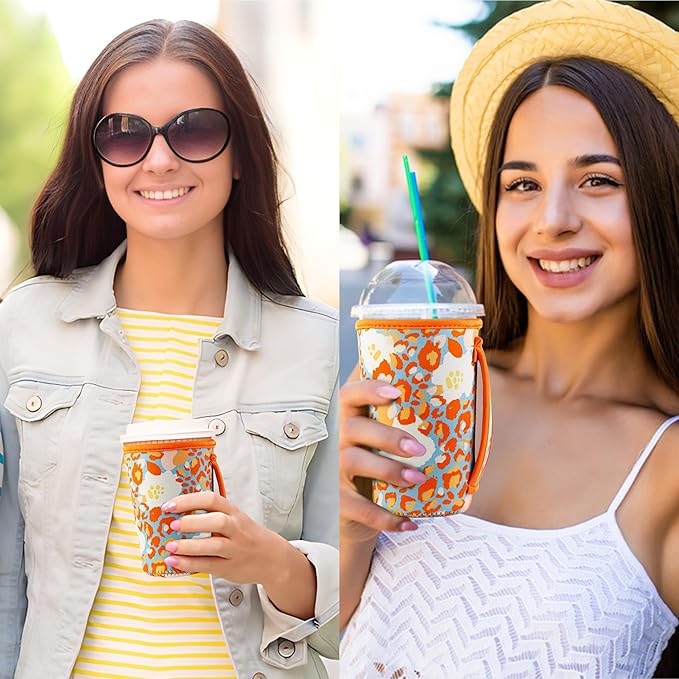 KJQJLY 3 Pack Reusable Iced Coffee Sleeves for Iced Coffee Cups or Drinks Reusable Neoprene Insulated Sleeves for Hot and Cold Drinks from Starbucks, Dunkin, And More (Summer Abstract Flower)