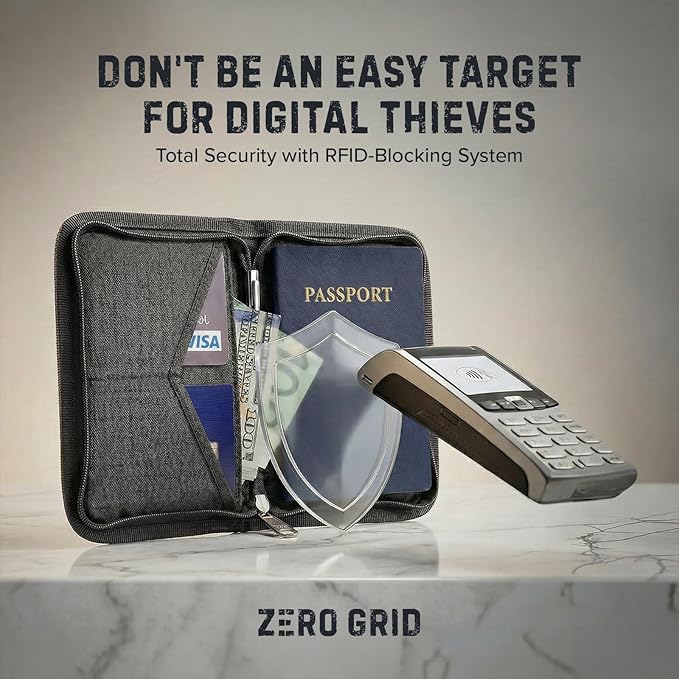 Zero Grid RFID Passport Holder & Travel Wallet, Zippered Wallet for Men & Women, Fits Passport, Cards, Cash, Tickets, ID, Sim Card; Premium & Compact Travel Document Holder - Shadow Grey
