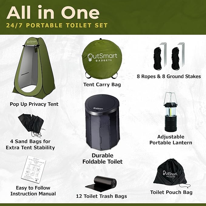 Outsmart Gadgets Outdoor Portable Toilet Set for Adults with Camping Night Lantern, Folding XL Toilet, Pop Up Privacy Tent and Carry Bags, Multipurpose Potty, Washable and Foldable for RV Travel