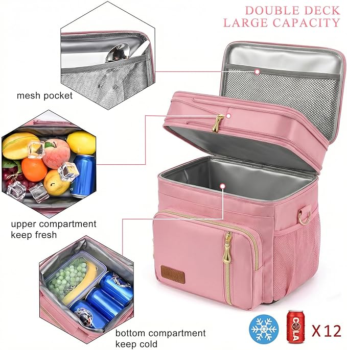 MIYCOO Lunch Bag & Lunch Box for Women Men Double Deck - Leakproof Insulated Soft Large Adult Lunch Cooler Bag for Work, Beach, Picnic, Camping, Travel (Pink,15L)