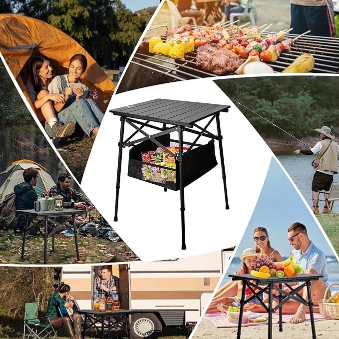 Folding Camping Table - Small Outdoor Table with Storage Bag - Adjustable Height 17.7'' & 24'', Portable Lightweight Aluminum Foldable Side Table for Picnic, BBQ, Beach & Tailgating(Large)