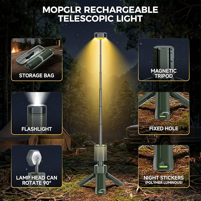 Telescopic Camping Lights, Rechargeable 10500mAh Camping Lantern with Storage Bag, Waterproof LED Camping Lamp with Magnetic, Portable Outdoor Tent Light for Camping,Hiking,Emergency,Fishing (Green)