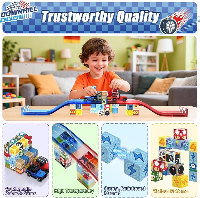 Magnetic Tiles Race Track Set, 52PCS STEM Educational Magnetic Building Blocks with 2 Race Cars, Montessori Sensory Travel Toys for Kids 3 4 5 6 7 8, Birthday for Boys & Girls