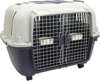 SportPet Airline Compliant 2-Door Large 34.5" Travel Dog Kennel - Durable Plastic Pet Carrier w/Divider, Wheels, & Bowls, Collapsible Indoor/Outdoor Dog Kennel, Dogs up to 28" L & 20" H - Cream/Gray