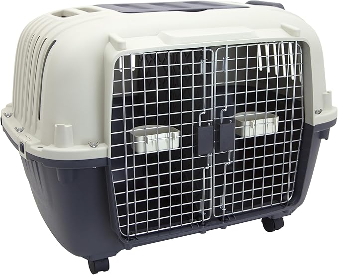 SportPet Airline Compliant 2-Door Large 34.5" Travel Dog Kennel - Durable Plastic Pet Carrier w/Divider, Wheels, & Bowls, Collapsible Indoor/Outdoor Dog Kennel, Dogs up to 28" L & 20" H - Cream/Gray