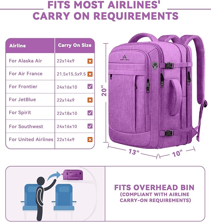 AREYTECO 50L Carry On Backpack, Extra Large Laptop Backpack, Travel Backpack for Women, Expandable Water Resistant Big Bag Anti-Theft Business Daypack Fit 17 Inch Laptop,Purple