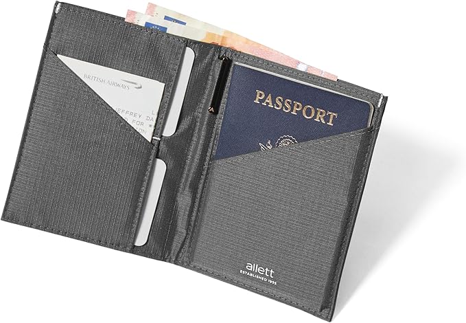 Allett Travel Wallet, Charcoal Grey | Nylon, Thin Bifold, RFID Blocking, Minimalistic, Front Pocket | Holds Up To 10 Cards & Passport | For Men & Women