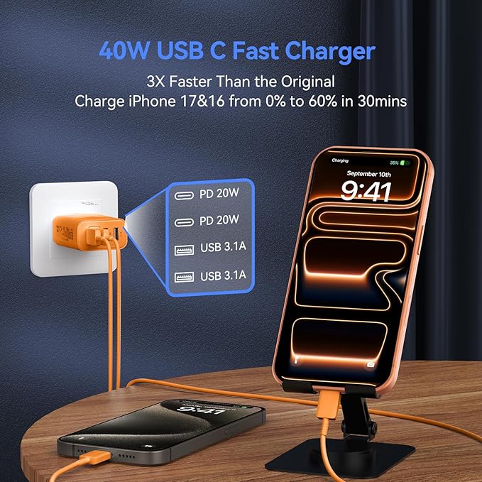 USB C Wall Fast Charger Block, 40W 4-Port Type C Charger Fast Charging Blocks +QC 3.0 USB C Multiport Charger Brick for Phone 17/16/15/14/13/12 Pro Max, Pad, Cosmic Orange