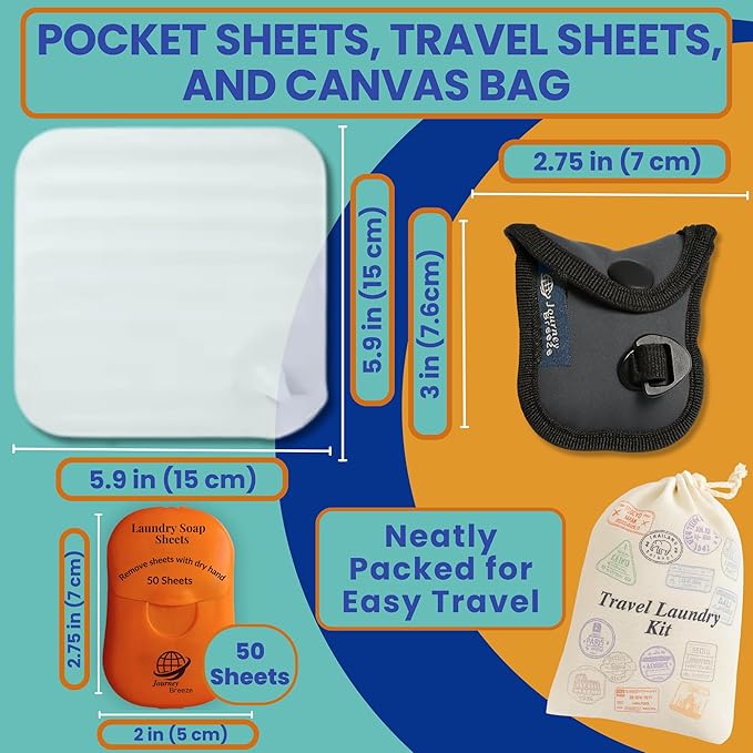 Travel Laundry Detergent Sheets Kit – Laundry Detergent Sheets 50-Count + Lightweight Travel Clothesline & Universal Sink Stopper with Canvas Bag and Frosted Zip Pouch for Hotels, Cruises & Trips