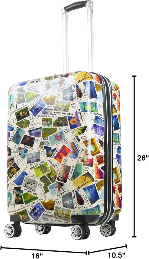 FUL Disney Stamps 26 Inch Rolling Luggage, Hardshell Checked Suitcase with Spinner Wheels, Multi