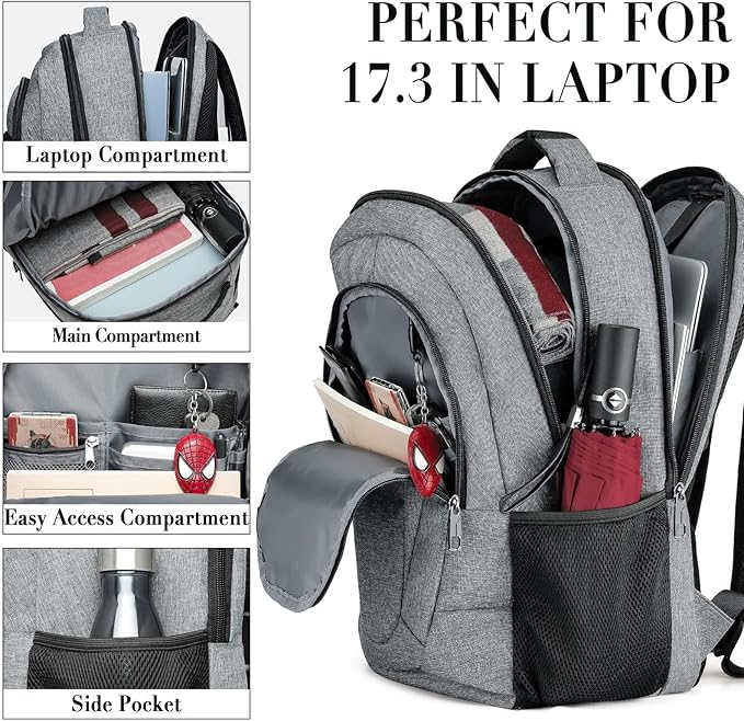 BIKROD Travel Laptop Backpack, Backpacks for School College Teens, Business Anti Theft Slim Sturdy Backpack for Woman and Men, Adult Computer Work Backpack for 17 IN Laptop, Grey