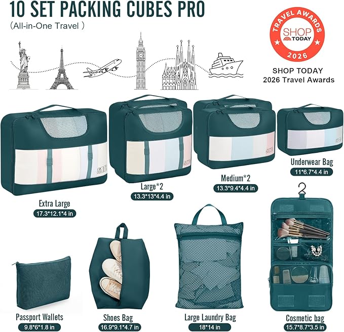 Veken 10 Set Packing Cubes for Travel Essential, Suitcase Organizer Bags in 4 Sizes, Carry-On Luggage Accessories with Large Laundry & Hanging Toiletry Bag, Must-Have for Airplane, Road Trip & Camping