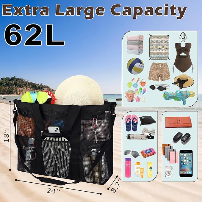 Fammart Mesh Beach Bag with Zipper, Large Beach Tote for Women, Toys Pool Swim Bag Travel Vacation Cruise Essentials