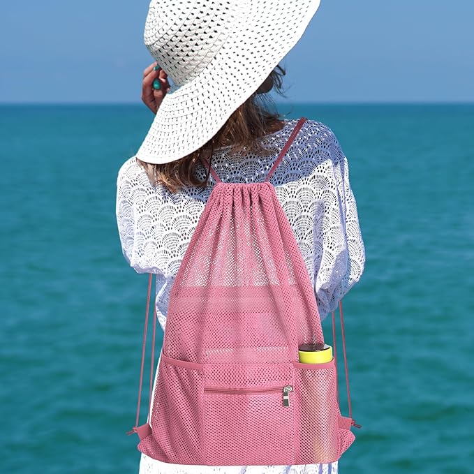 NATURAL STYLE Mesh Drawstring Backpack Bag, Gym Sports Bag with Zipper Pocket Bottle Holder, String Beach Bag for Swiming Travel (Pink)