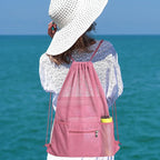 NATURAL STYLE Mesh Drawstring Backpack Bag, Gym Sports Bag with Zipper Pocket Bottle Holder, String Beach Bag for Swiming Travel (Pink)