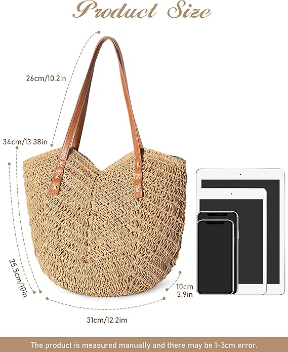 Beach Bags for Women - Straw Bag with Zipper, Soft Woven beach bag, Casual Straw Shoulder Bag for Daily Use