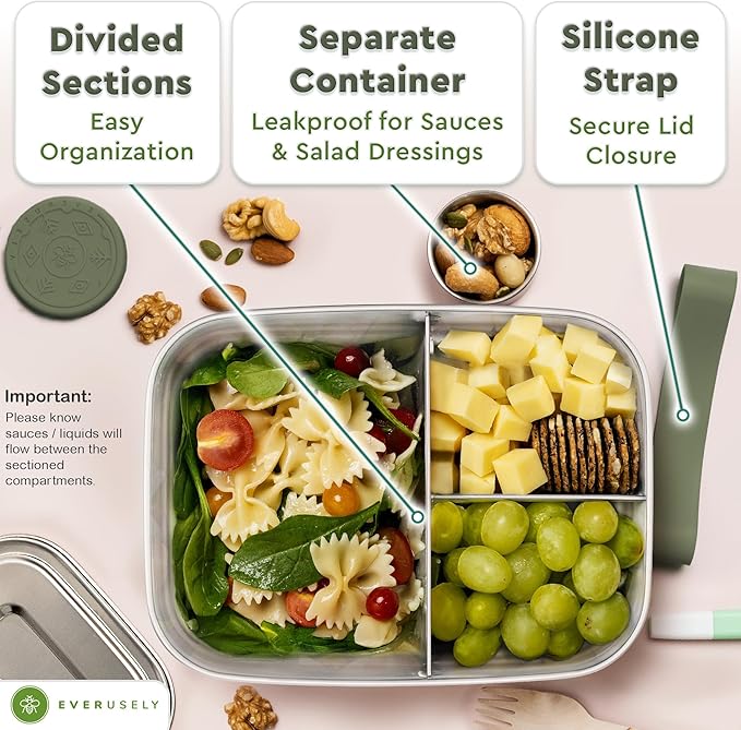 Everusely - Bento Box - Sage, 60oz / 1.8 L - Extra Large Stainless Steel Lunch Box + Leakproof Condiment Container - 3 Compartment Snack Organizer for On the Go Meals - Freezer & Dishwasher Safe