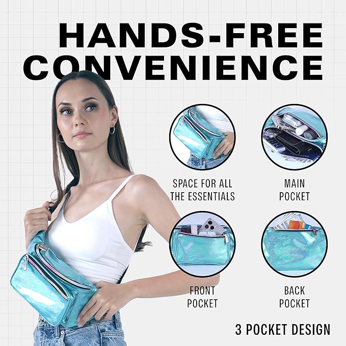 Holographic Fanny Pack Belt bag - Crossbody Waist Bag for Men or Women - Hands-Free, Waterproof Large Bumbag for Hiking, Running, and Travel (Blue Glitter)