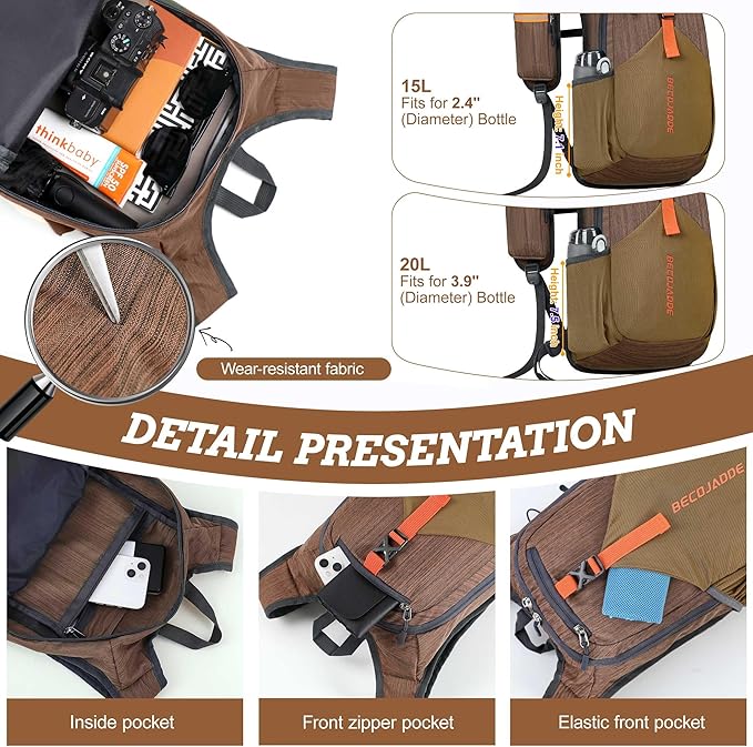 BECOJADDE 20L Small Hiking Backpack for Men Women Foldable Packable Back Pack Ultralight Hiking Daypack for Travel Camping Outdoor, Chocolate Brown