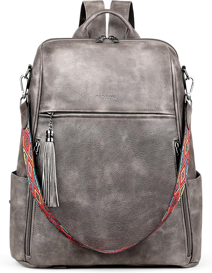 FADEON Leather Laptop Backpack for Women Designer 15.6 inch PU Laptop Bag, Ladies Travel Computer Work Backpack Grey