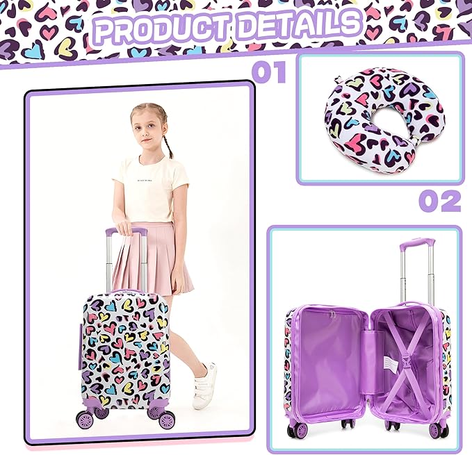 Kids Luggage with Spinner Wheels 5 Piece Carry on Suitcases for Girls Backpack with Lunch Box Pencil Case 16" Toddler Suitcase Set Airline Approved (Bainbow Leopard)