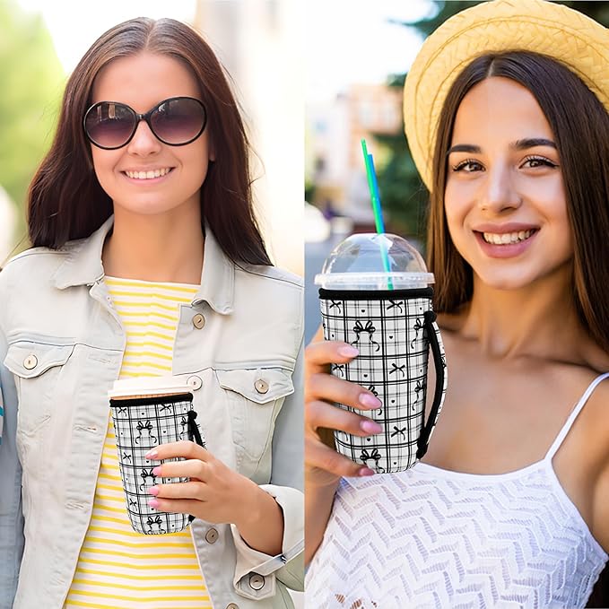 KJQJLY 3 Pack Reusable Iced Coffee Sleeves for Iced Coffee Cups or Drinks Reusable Neoprene Insulated Sleeves for Hot and Cold Drinks from Starbucks, Dunkin, And More (Black Bow)
