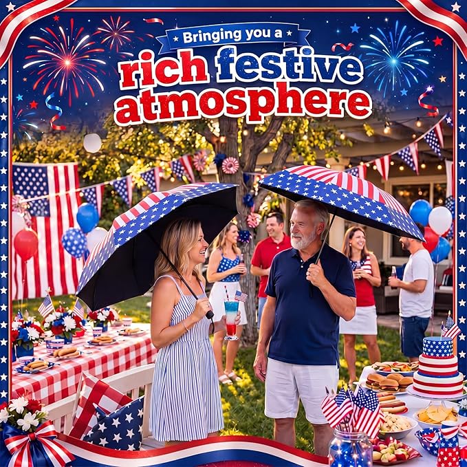 6 Pcs Patriotic American Umbrellas Red White Blue 4th of July Umbrellas with 8-Rib and Black Coating, Windproof