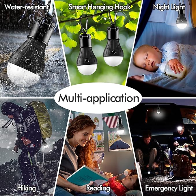 FLY2SKY Portable LED Tent Lamp Emergency Lights with Hook, Hurricane Bulb Lantern Equipment for Camping, Hiking, Backpacking, Fishing Outage, Multicolor, 4 Pack
