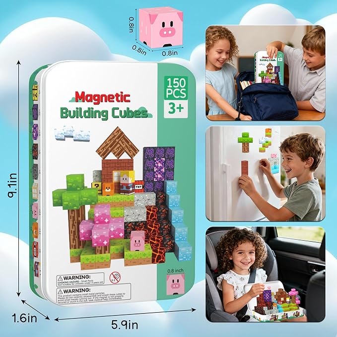 Magnetic Blocks Travel Magnetic Building Blocks Cubes - 150 PCS Tin Box Magnet Toys Set STEM Educational for Kids Ages 4-8 6-8 8-12 Year Old Boys Girls Gifts Birthday Christmas