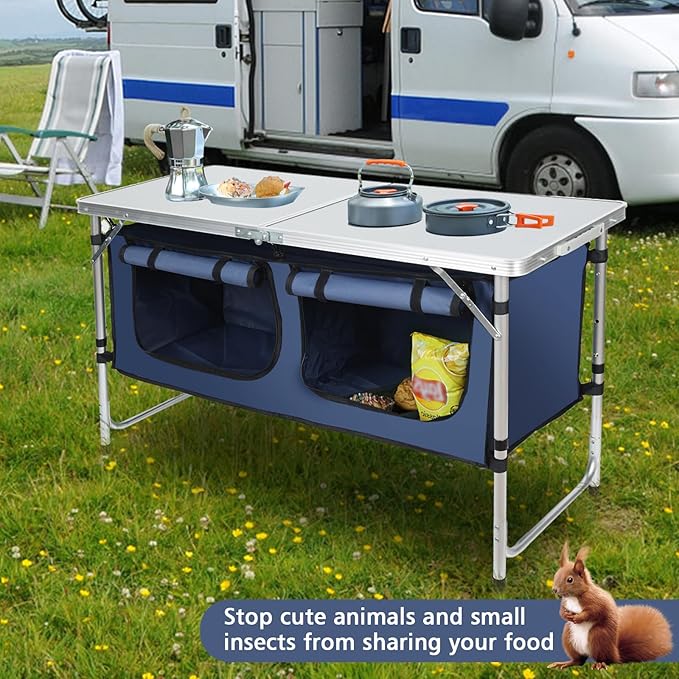 JOUYEK Camping Table, Folding Camping Table with Storage, Portable, Lightweight, 3 Height Adjustable Aluminum Outdoor Table for BBQ, Picnic, Camping, Hiking, Beach, and Indoor, Blue