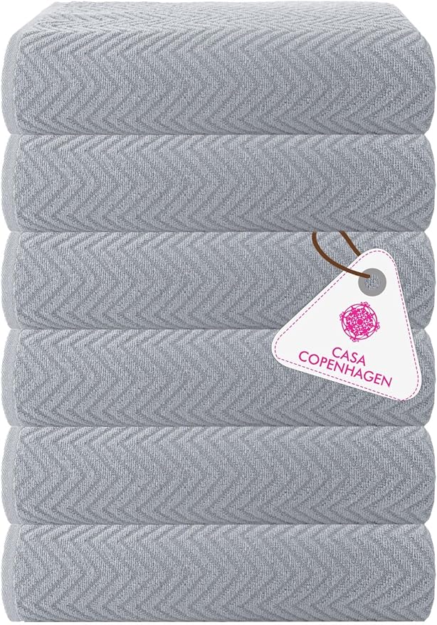 CASA COPENHAGEN Wave Textured 6 Pieces Small Bath Towel Set - Grey Voilet, 24" x 48", 550 GSM 6 Bath Towel Rough & Tough Use Cotton Towels Gift Set for Bathroom