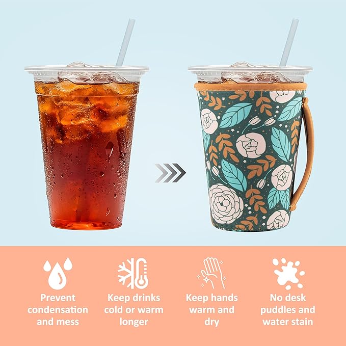 KJQJLY 3 Pack Reusable Iced Coffee Sleeves for Iced Coffee Cups or Drinks Reusable Neoprene Insulated Sleeves for Hot and Cold Drinks from Starbucks, Dunkin, And More (Roses)