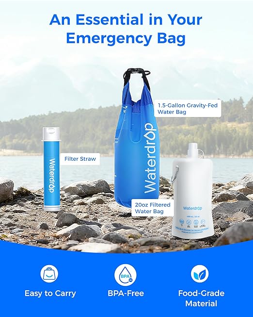 Waterdrop Gravity Water Filter Straw, Camping Water Filtration System, Water Purifier Survival for Travel, Backpacking and Emergency Preparedness, 1.5 gal Bag, 5 Stage Filtration, Pack of 2