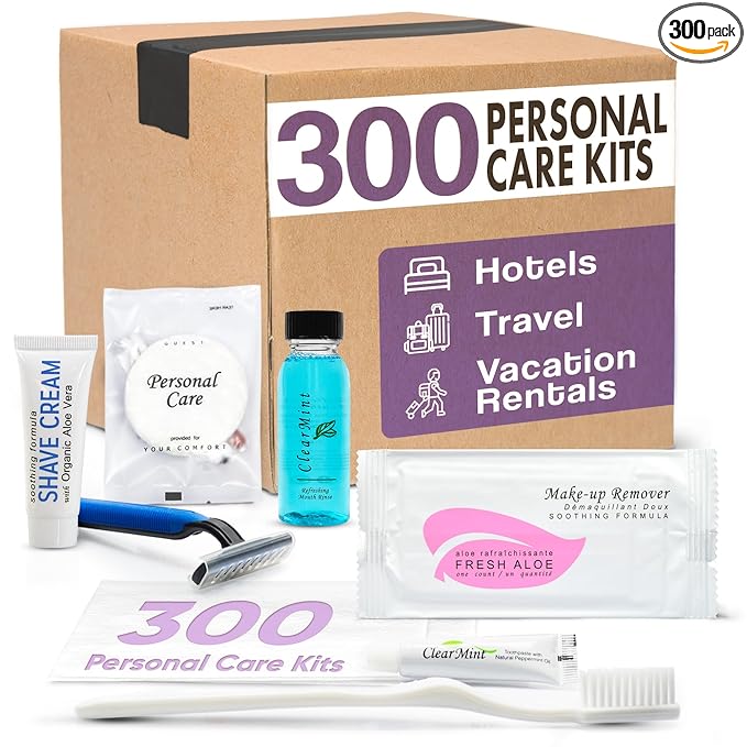 Personal Care Travel Toiletries | 1-Shoppe Amenities Kit | Travel Shaving Set, Toothbrush & Paste, Mouthwash, Makeup Wipes, Swabs, Nail File & Sewing Kit | 300 Pieces