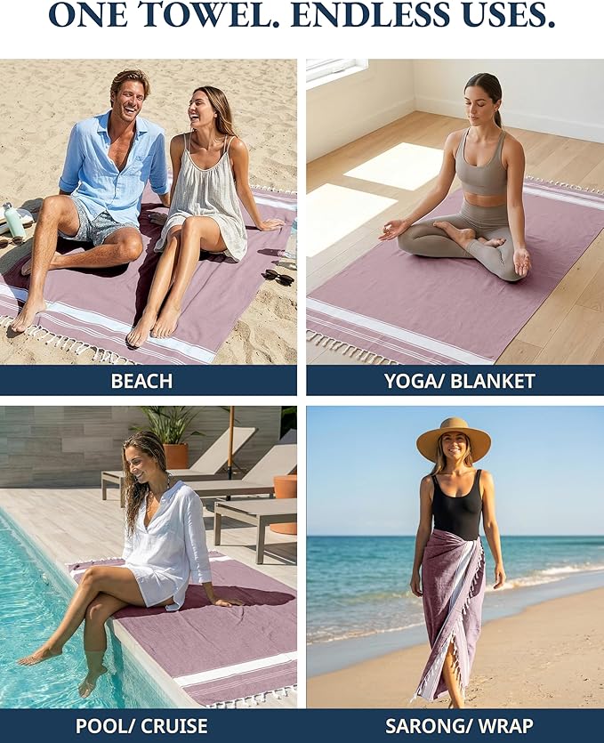 LANE LINEN Turkish Beach Towels, 2 Pack Extra Large Beach Towel, Pre-Washed for Soft Feel, Oversized Sand Free Quick-Dry Pool Towel, Beach Towels for Adults, 39"x71" - Wistful Mauve
