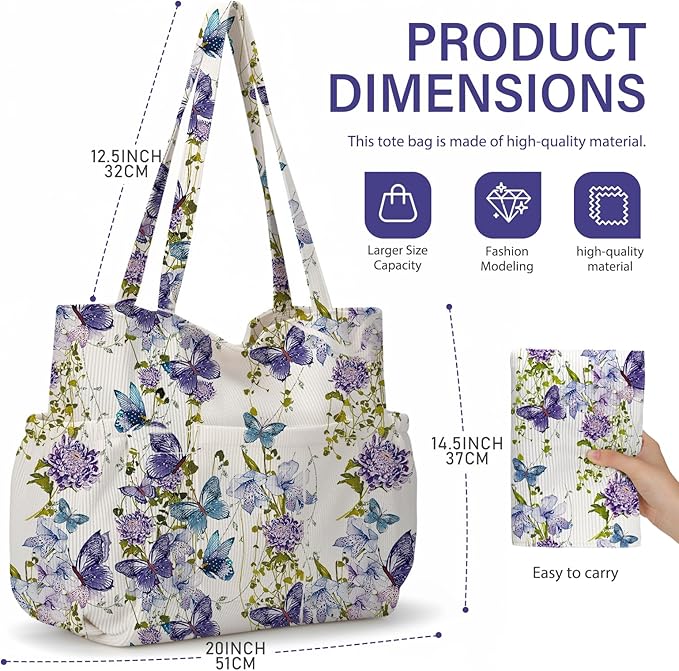 Corduroy Tote Bag for Women,Large Capacity Cute Tote Bags With 6 Pockets,Crossbody Shoulder Handbag for Work Travel Gym