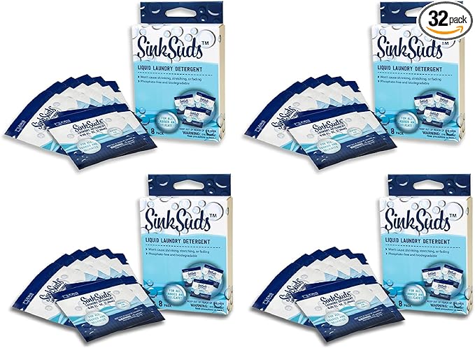 SinkSuds Travel Laundry Detergent Liquid Soap + Odor Eliminator for All Fabrics Including Delicates,Sink-Packets,0.25 Fl Oz,(Pack of 32)