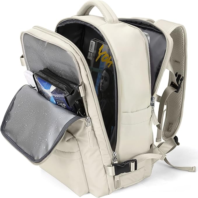 WONHOX Large Travel Backpack Women, Carry On Backpack,Hiking Backpack Waterproof Outdoor Sports Rucksack Casual Daypack with USB Charging Port Shoes Compartment,Beige