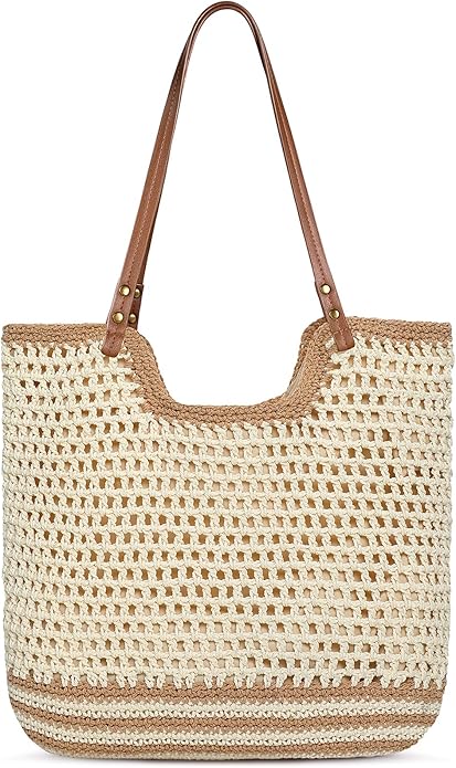 Pleneal Crochet Beach Bag, Summer Woven Tote Bag with Lining, Soft Purse Shoulder Bags for Vacation