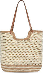 Pleneal Crochet Beach Bag, Summer Woven Tote Bag with Lining, Soft Purse Shoulder Bags for Vacation