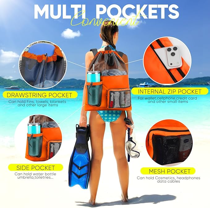 HOHOM Swim Mesh Beach Bag, Waterproof Gym Bags for Women and Men, Large Pool Bag Swimming Gear Drawstring Backpack