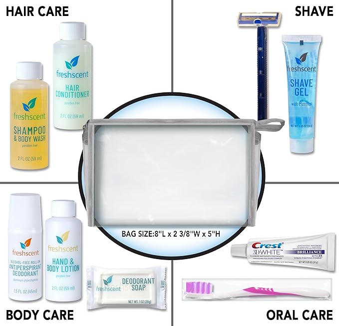 Convenience Kits International Unisex 10-Piece Budget Hygiene Travel Kit with Crest Toothpaste, Bar Soap, Shave Gel, and TSA-Friendly Zippered Travel Bag