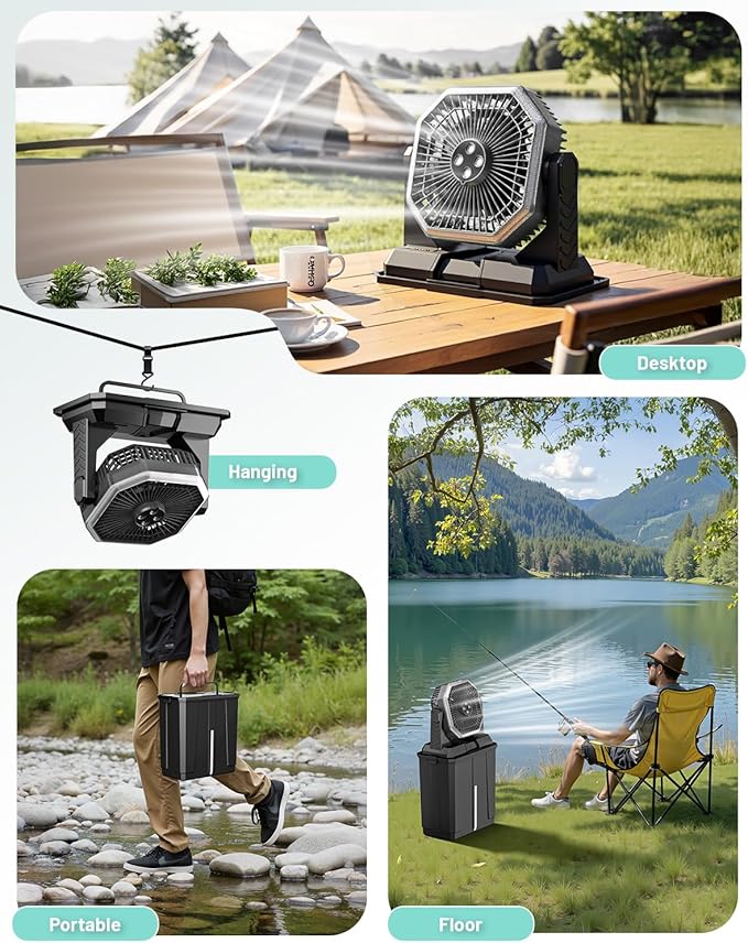 Allsion Rechargeable Misting Fan, 24000mAh Camping Misting Fan with 8L Water Bucket, 3-Speed Outdoor Cooling Fan with LED Lights, 120°Oscillation for Camping, Backyard, Patio,Outdoor-Black
