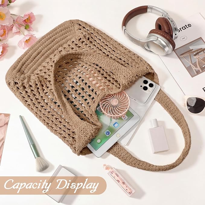 Tavaleu Crochet Tote Beach Bags for Women, Mesh Beach Tote Knit Bag, Summer Vacation Aesthetic Boho Hobo Shoulder Bag