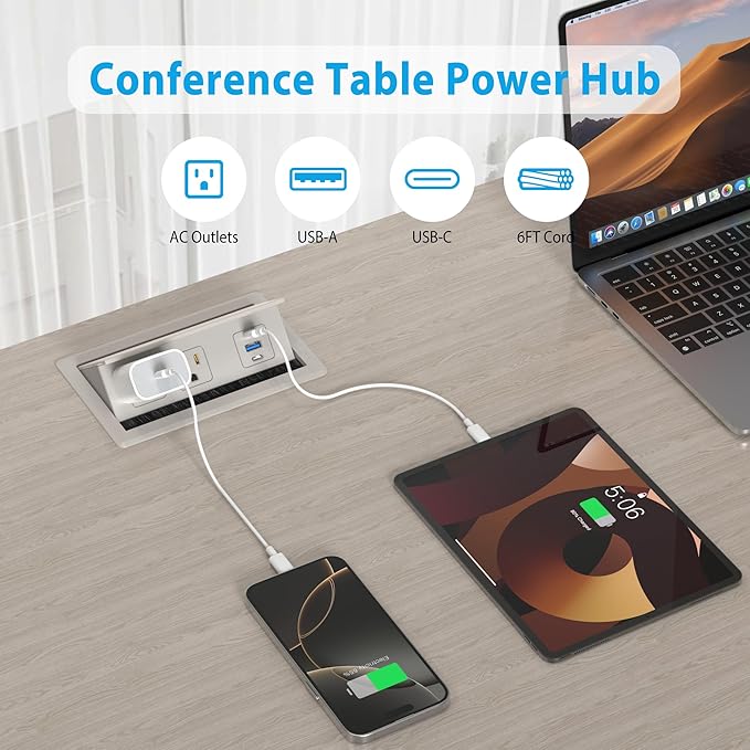 Table Power Outlet Hub PD20W USB-C Fast Charging Station, Recessed Outlet with 2AC Outlets and USB Ports for Conference Room Kitchen Countertop