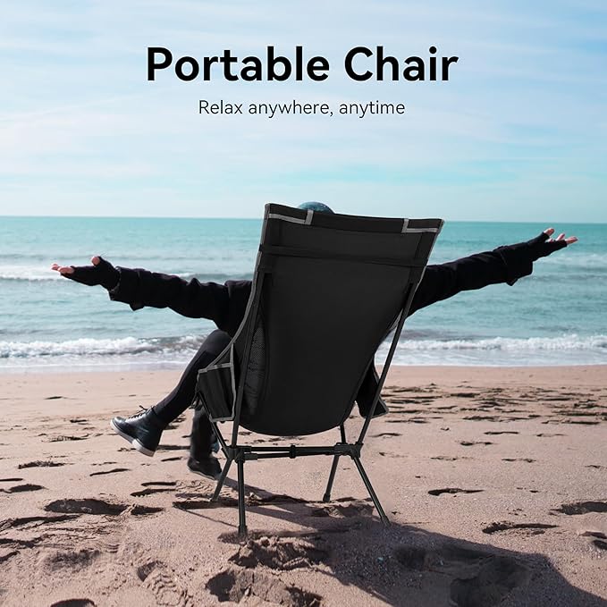 TOBTOS Portable High Back Camping Chair, Support 440 lbs, Ultralight Folding Chair with Head Support, Compact Backpacking Chair for Outdoor Camp Backpacking Fishing (Black)